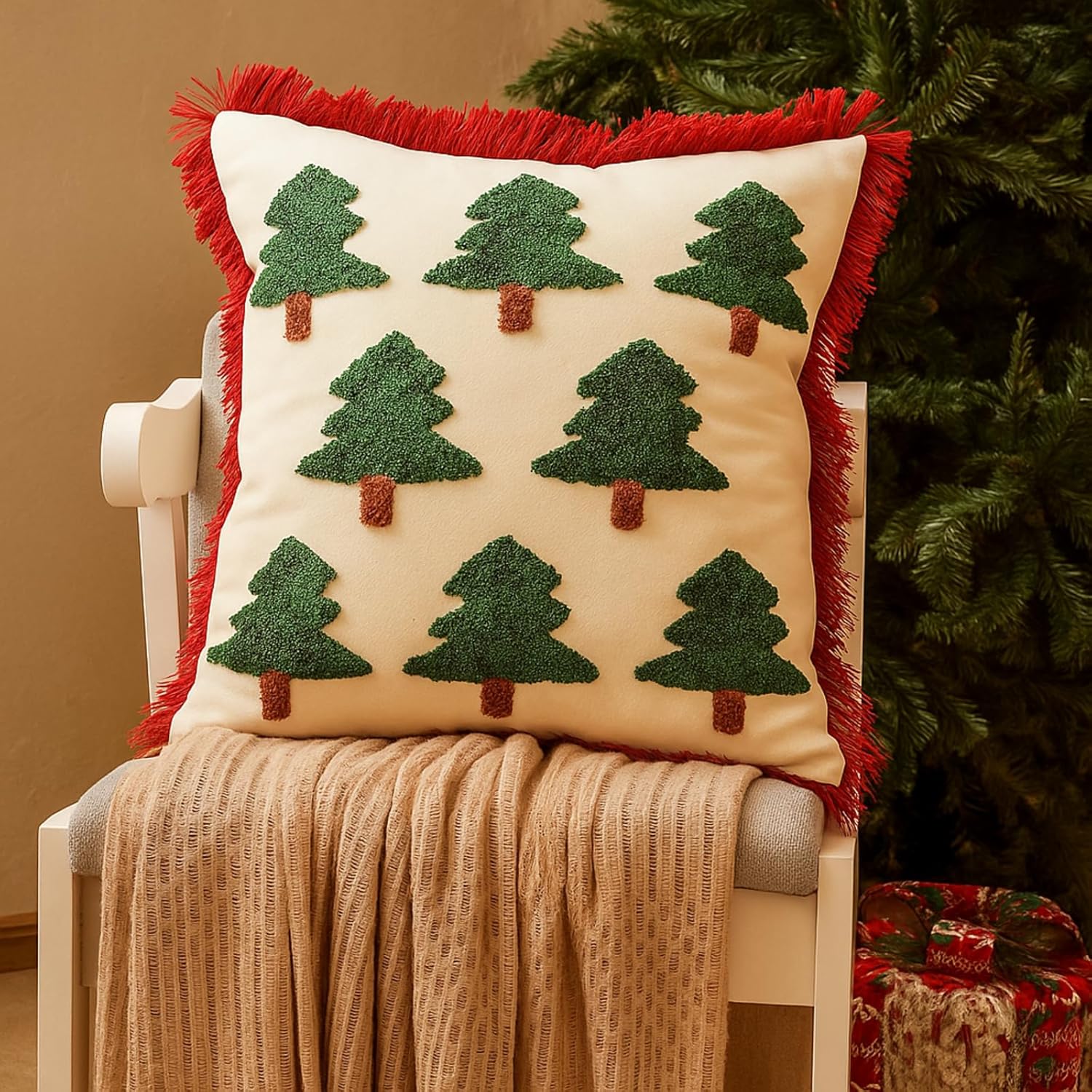 Breling Christmas Pillow Covers 18x18 Inch Set of 2 Christmas Green Tree Embroidery Throw Pillowcases with Red Tassel White Green Red Xmas Sofa Winter Holiday Bed Home Decor