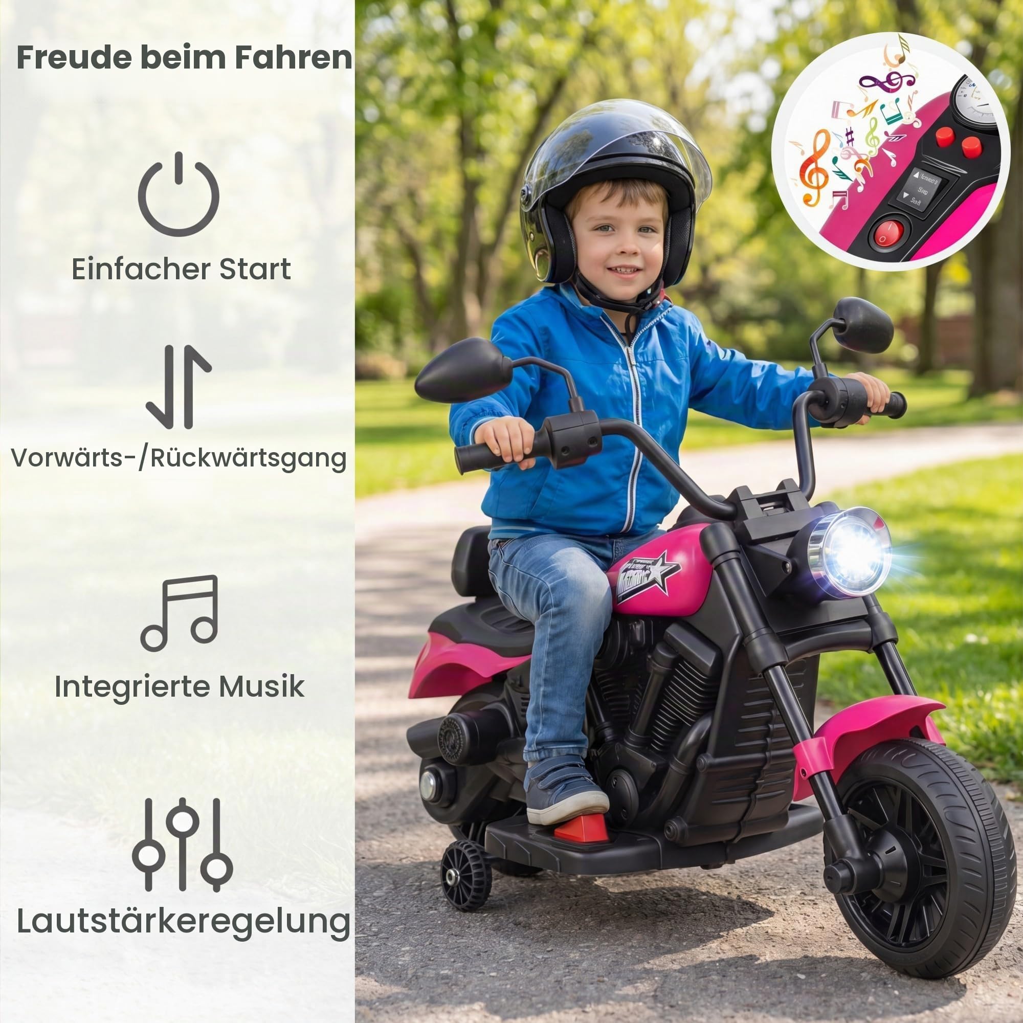 KOMFOTTEU 6V Kindermotorrad, Elektromotorrad mit Musik & LED-Scheinwerfer, 2,4 km/h, Elektro Motorrad mit 2 Stützrädern, bis zu 30 kg belastbar, für Kinder ab 3 Jahren (Rosa)