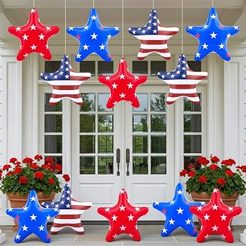 12 Pcs Large 16" 4th of July Inflatables Outdoor Inflatable Stars Decorations, Patriotic Star Hanging Ornaments, White Red Blue 250th Anniversary PVC Blow up Independence Day Decor Mixed