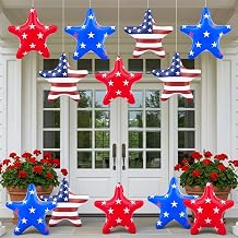12 Pcs Large 16" 4th of July Inflatables Outdoor Inflatable Stars Decorations, Patriotic Star Hanging Ornaments, White Red Blue 250th Anniversary PVC Blow up Independence Day Decor Mixed
