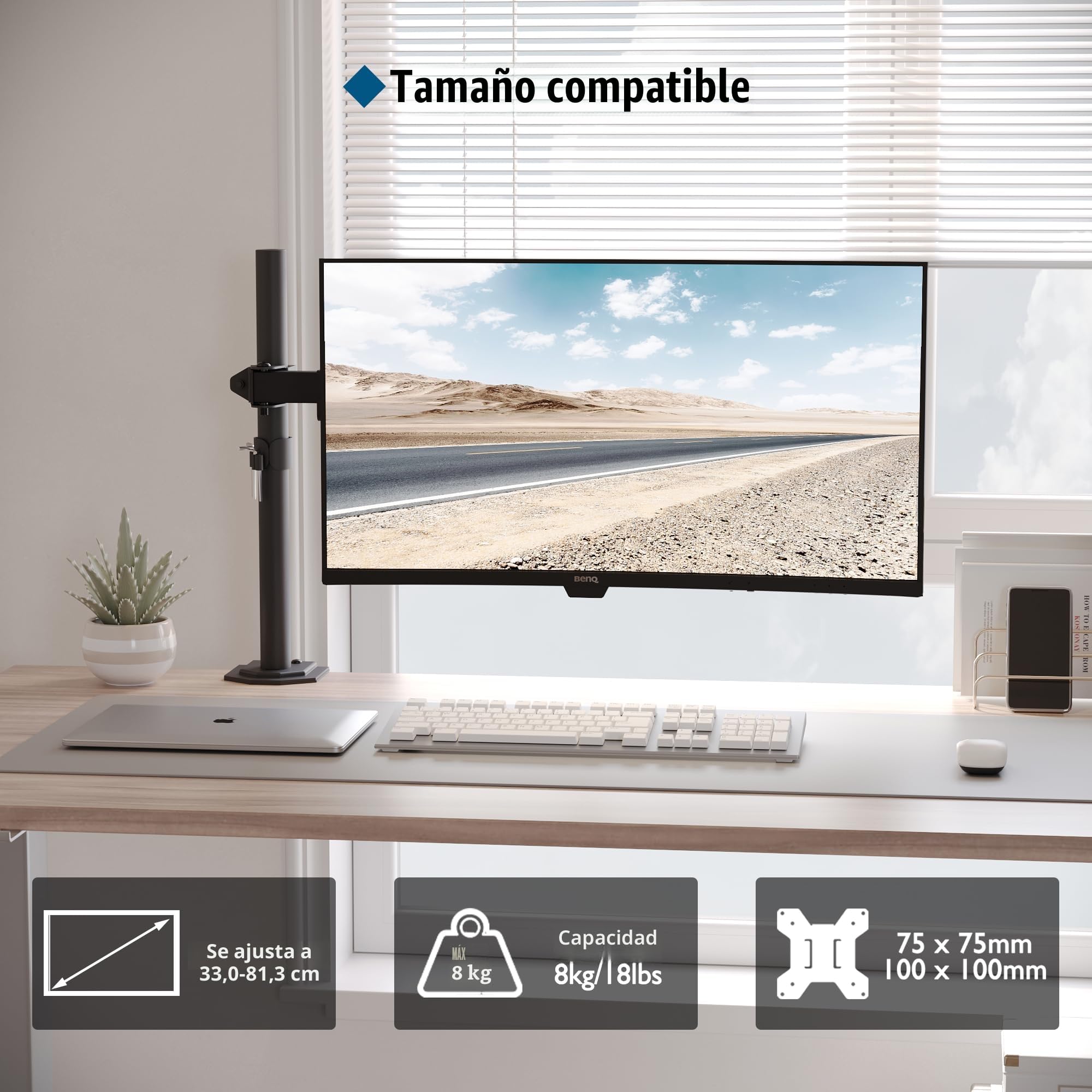 BONTEC Soporte Monitor Escritorio de un Solo Brazo, Brazo articulado 13-32 Pulgadas hasta 8 kg, inclinación Giro 360° Altura Regulable ergonómico, VESA 75x75 100x100, Ahorro Espacio gestión de Cables