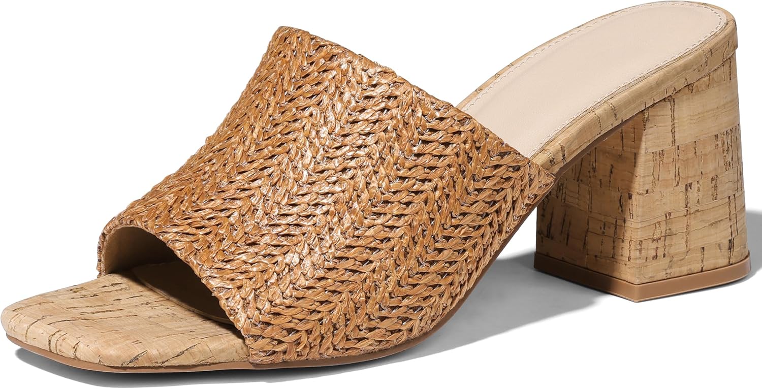 Ancomafio Heeled Sandals for Women，Raffia Sandals 2025 Chunky Heels Square Toe Mules Block Summer Shoes Slip On