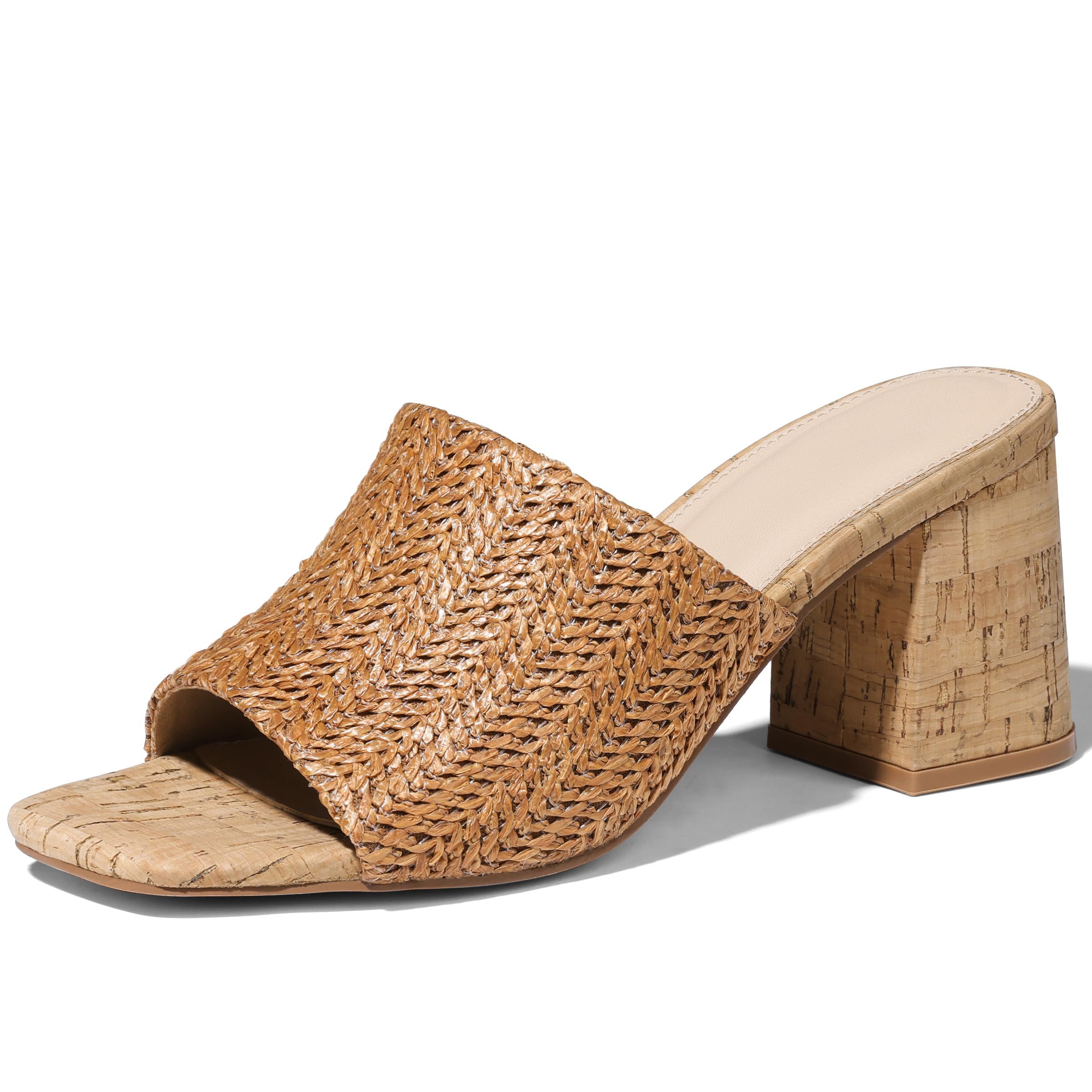 Ancomafio Heeled Sandals for Women，Raffia Sandals 2025 Chunky Heels Square Toe Mules Block Summer Shoes Slip On