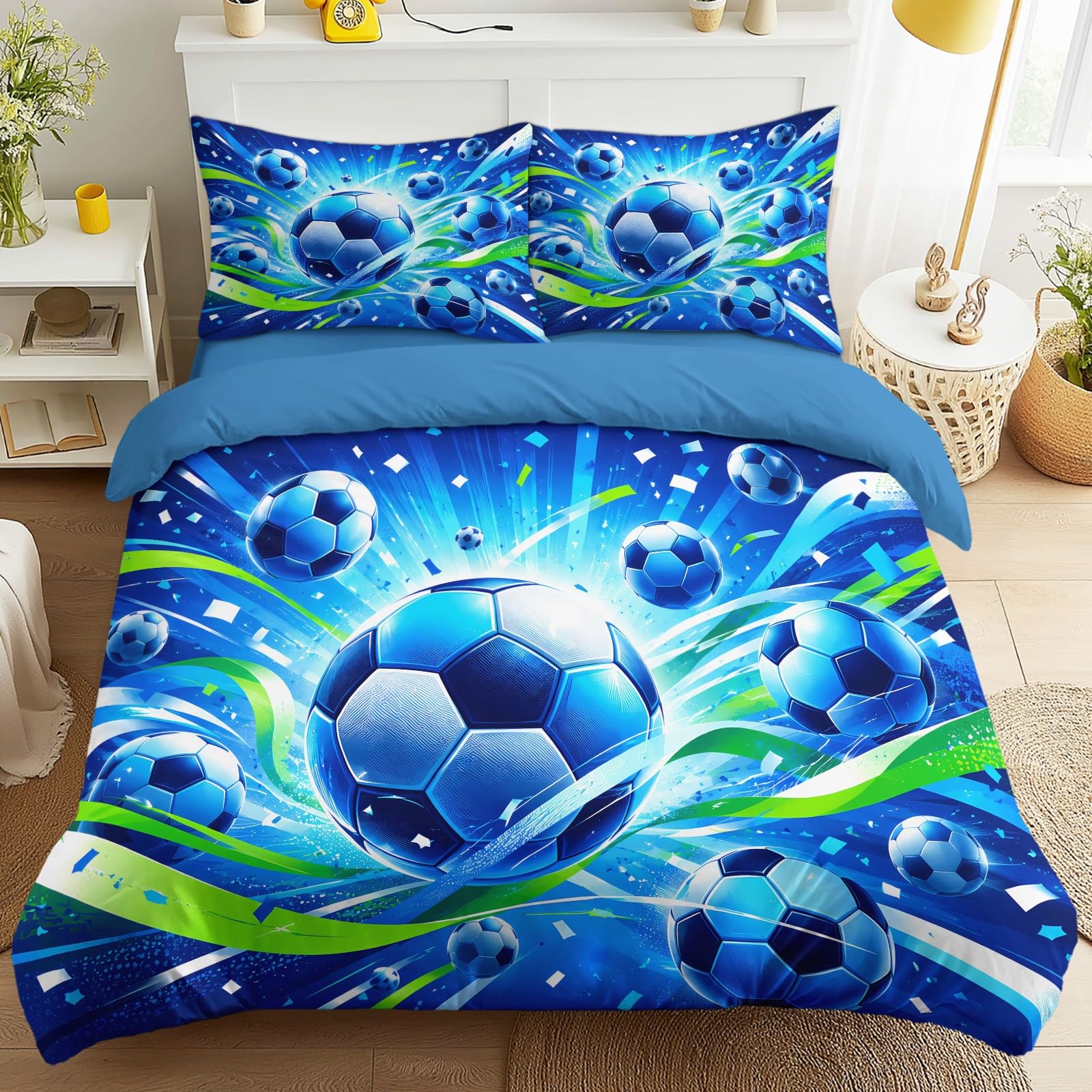Générique Poszwa na kołdrę 240 x 220 cm, piłka nożna, komplet pościeli 2-osobowej, prześcieradło z gumką, taśma piłkarska 4-częściowy zestaw pościeli z 2 poszewkami na poduszki