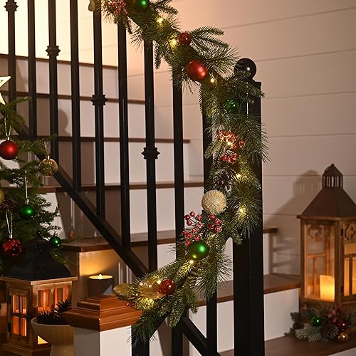 Miniatura 5 de Valery Madelyn Guirnalda de Navidad preiluminada de 9 pies con luz para manto, guirnalda de Navidad iluminada al aire libre con bola de oro rojo,