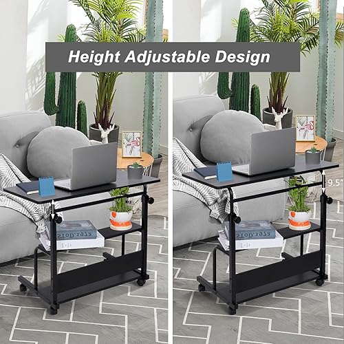 Miniatura 5 de Escritorio portátil pequeño para espacios pequeños, mesa de laptop, escritorio negro con ruedas ajustable, escritorio para dormitorio, oficina en