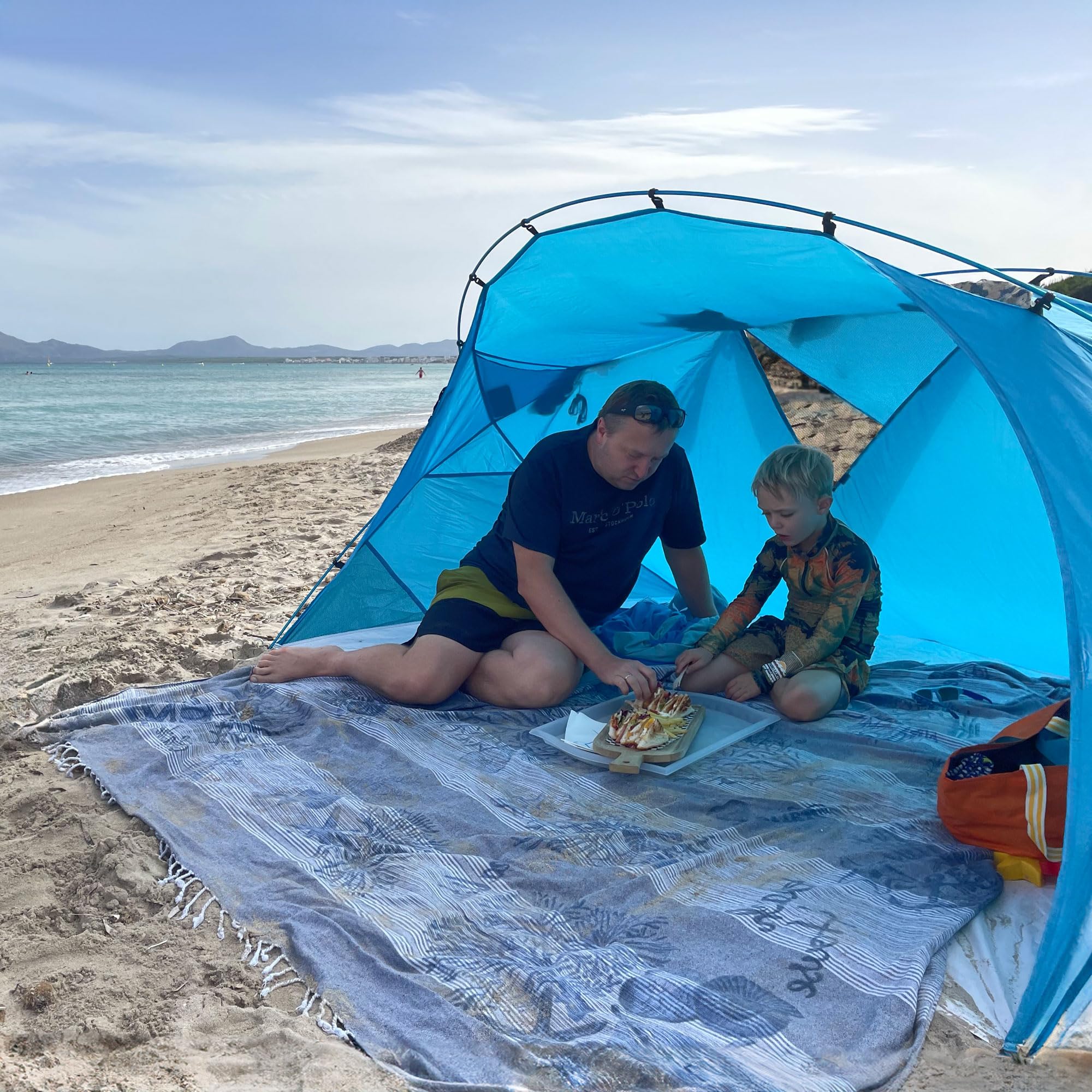 outdoorer große Strandmuschel Santorin Alu Air mit Fix up System - XXL Strandzelt mit UV 80 Sonnenschutz, Windschutz am Strand, kleines Packmaß für Reisen, leichtes Sonnenzelt mit Alugestänge