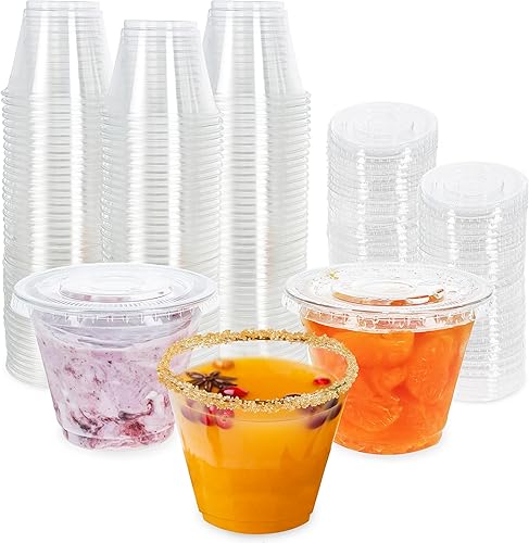 Lot45 Vasos de postre de plástico con tapas, paquete de 100 vasos desechables de plástico transparente de 9 onzas y tapas para bebidas y aperitivos