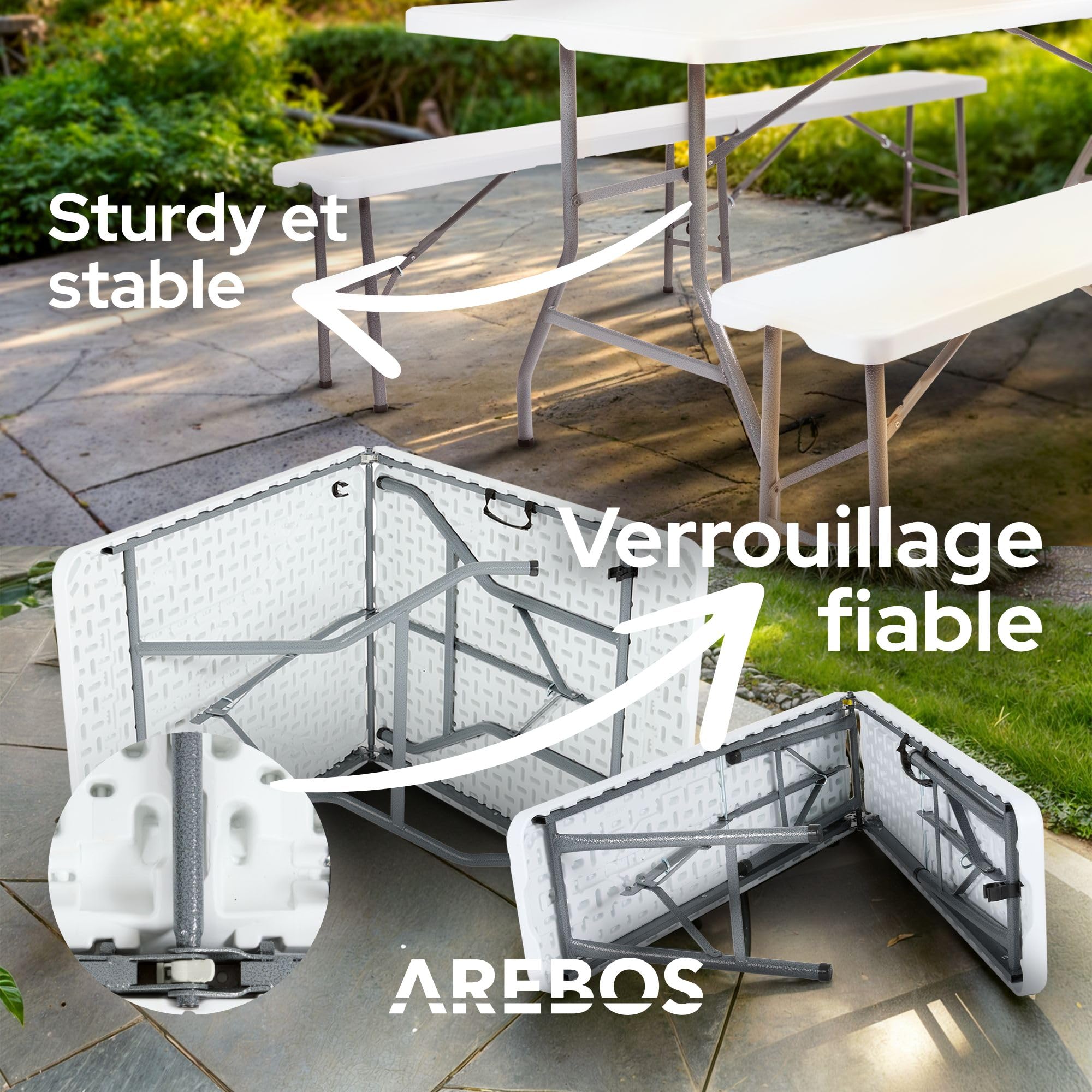 AREBOS Ensemble Table et bancs de Brasserie 3 pièces | Pliables avec poignée | pour intérieur et extérieur | Table de Camping | Blanc