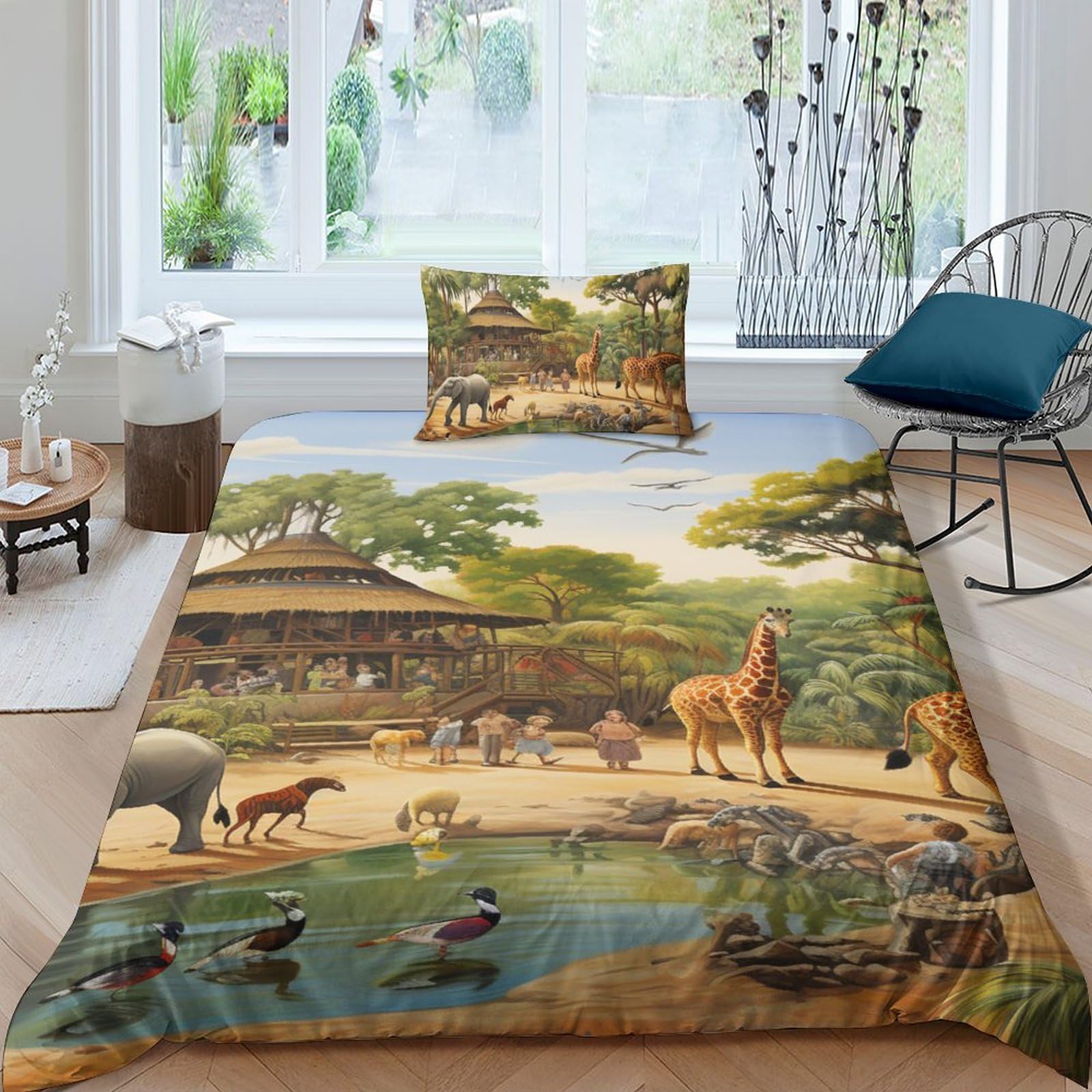 Ensemble de literie avec taie d'oreiller éléphants et girafes