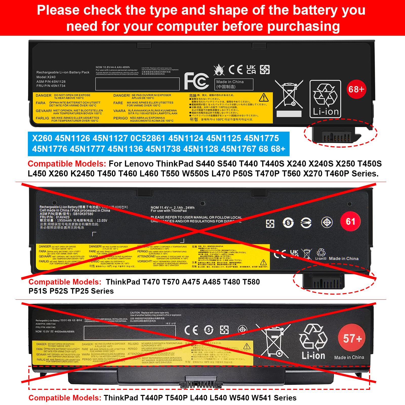 ASUNCELL 10.8V/4400mAh 68+ 45N1124 Batterie d'ordinateur Portable pour Lenovo ThinkPad T440 T440S X240 X240s S440 S540 X250 T450S L450 X260 K2450 T450 T460 L460 T550 W550S L470 P50S T460P Serie