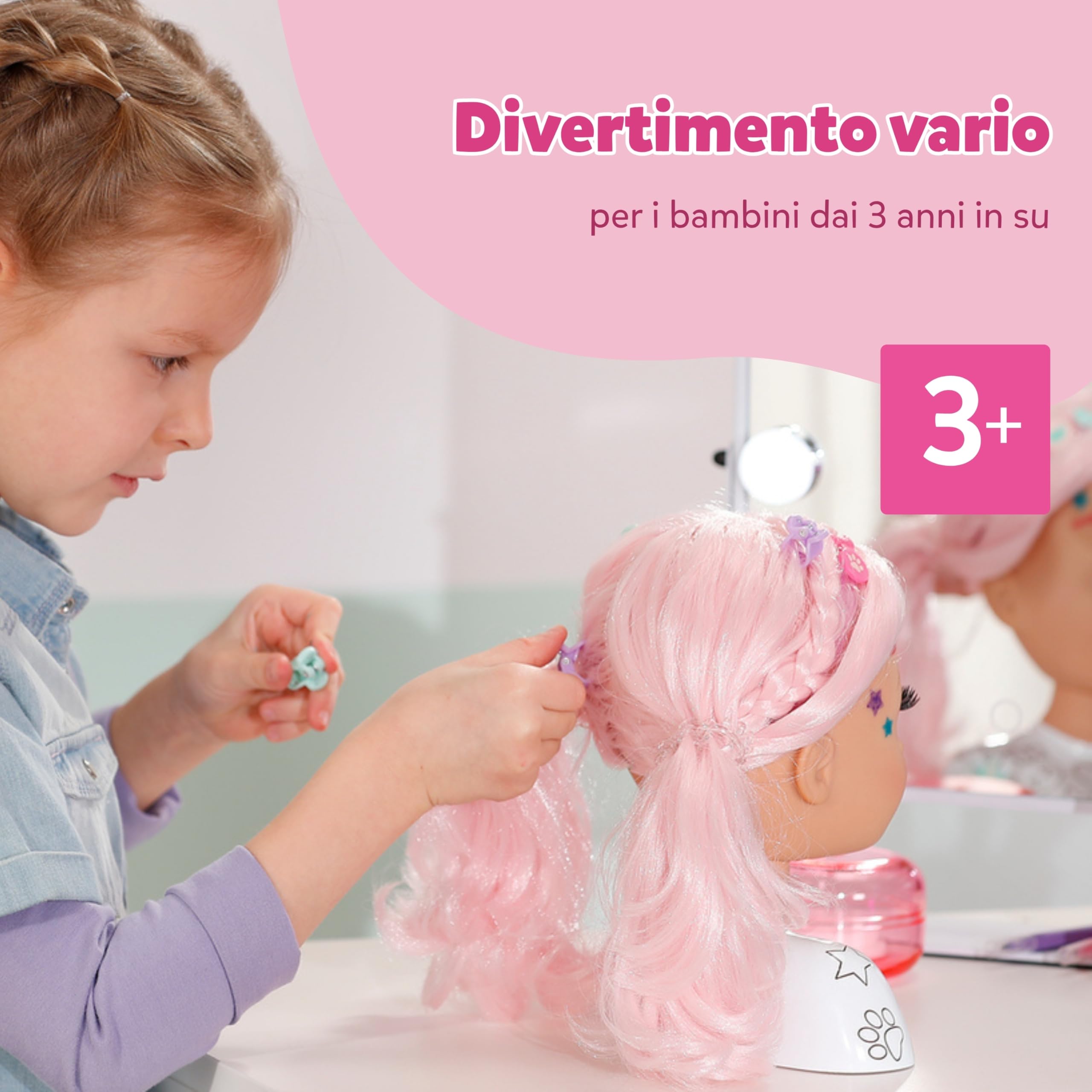 BABY born Testa Creative – Con capelli rosa, pennarelli e oltre 20 accessori - Testa da truccare e pettinare - Dai 3 anni in su