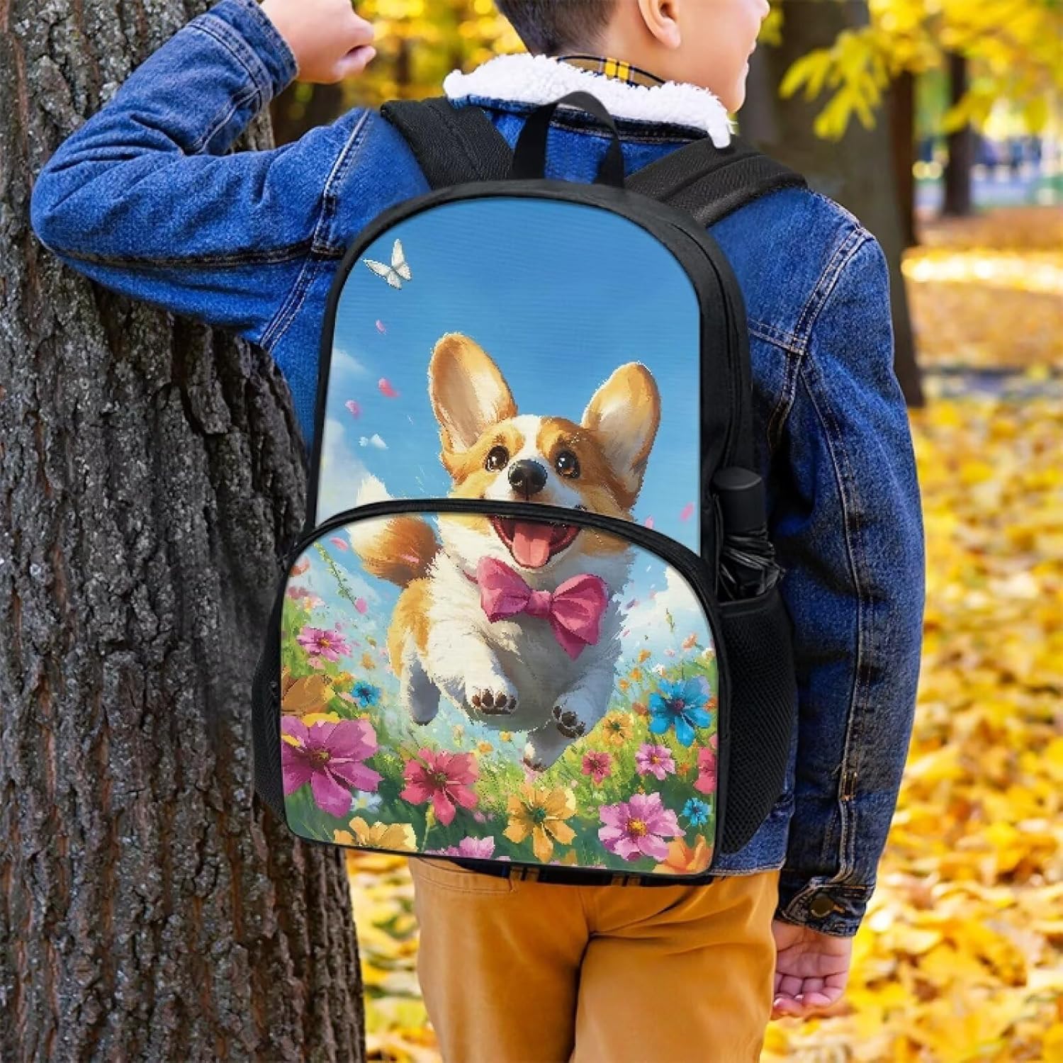 Corgi Dog Vibrant Flowers Pattern Kids Backpack for Boys Girls Elementary Students Bookbag Middle School Bag Lightweight Children Travel Bag Backpacks Laptop Bag
