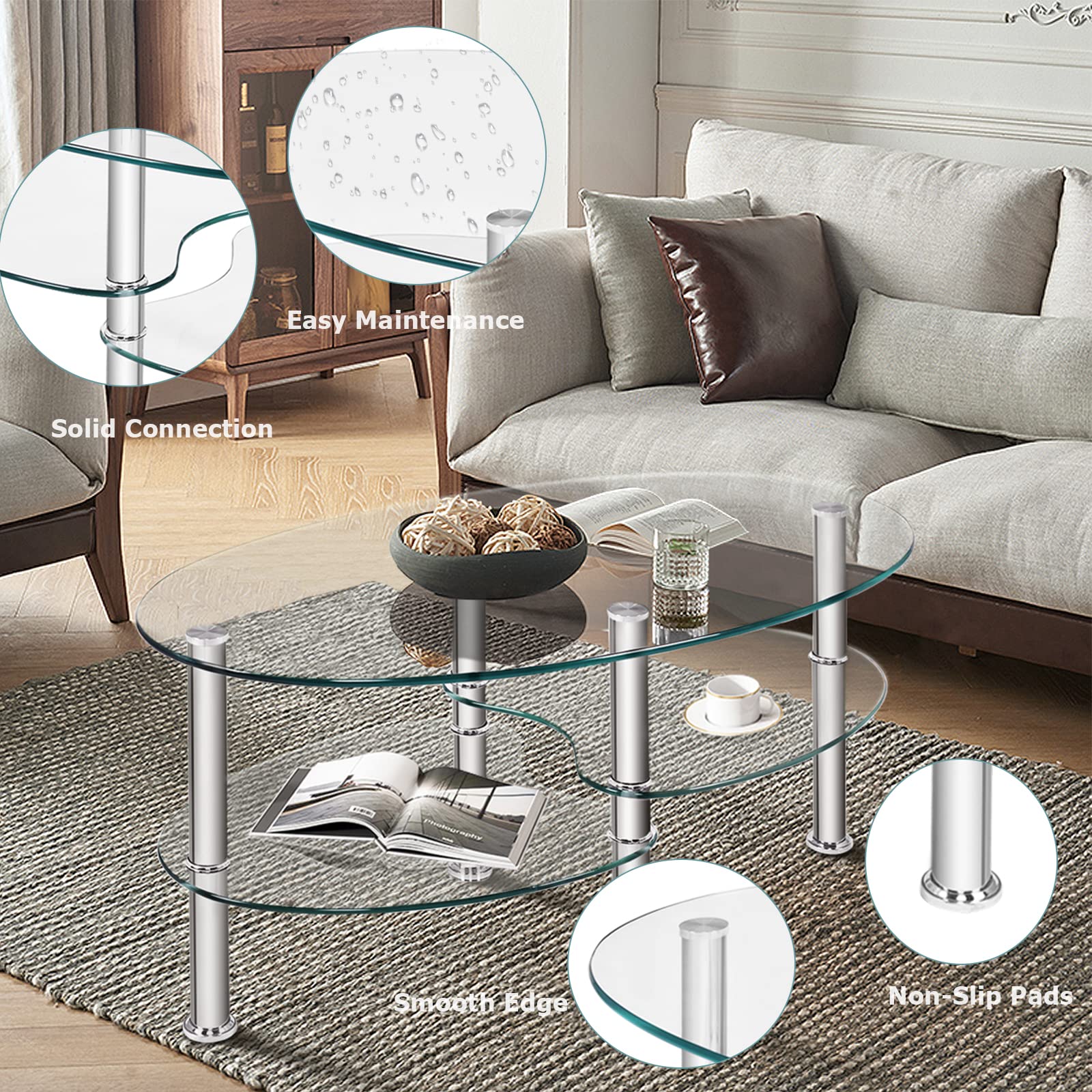 LIFEZEAL Couchtisch Glas, Glastisch 3 Ebenen, Wohnzimmertisch oval mit Metallgestell, Kaffeetisch Sofatisch für Wohnzimmer & Büro, Modernes Design 90x50x45cm (Transparent) Küche, Haushalt & Wohnen