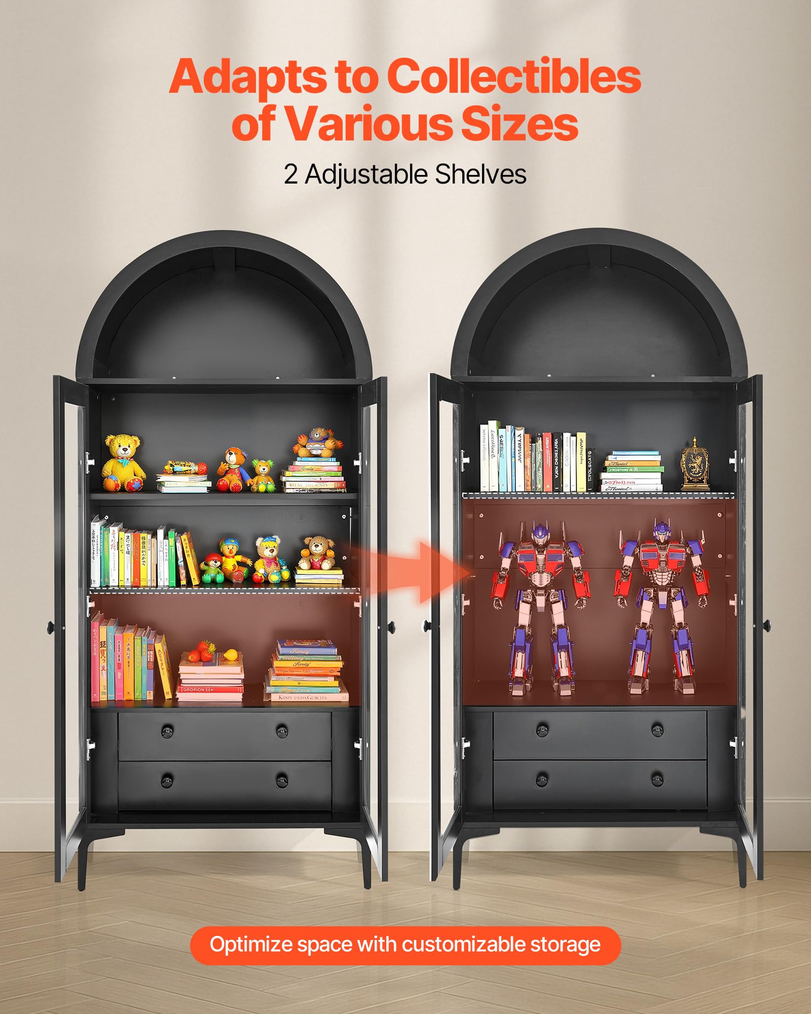 VEVOR Vitrine pour Collection Arquée avec Portes Vitrées, Armoire de Présentation 179 cm de Haut, Présentoir pour Antiquités à 4 Niveaux avec 2 Étagères Réglables, Rangement Maison Bureau Salon