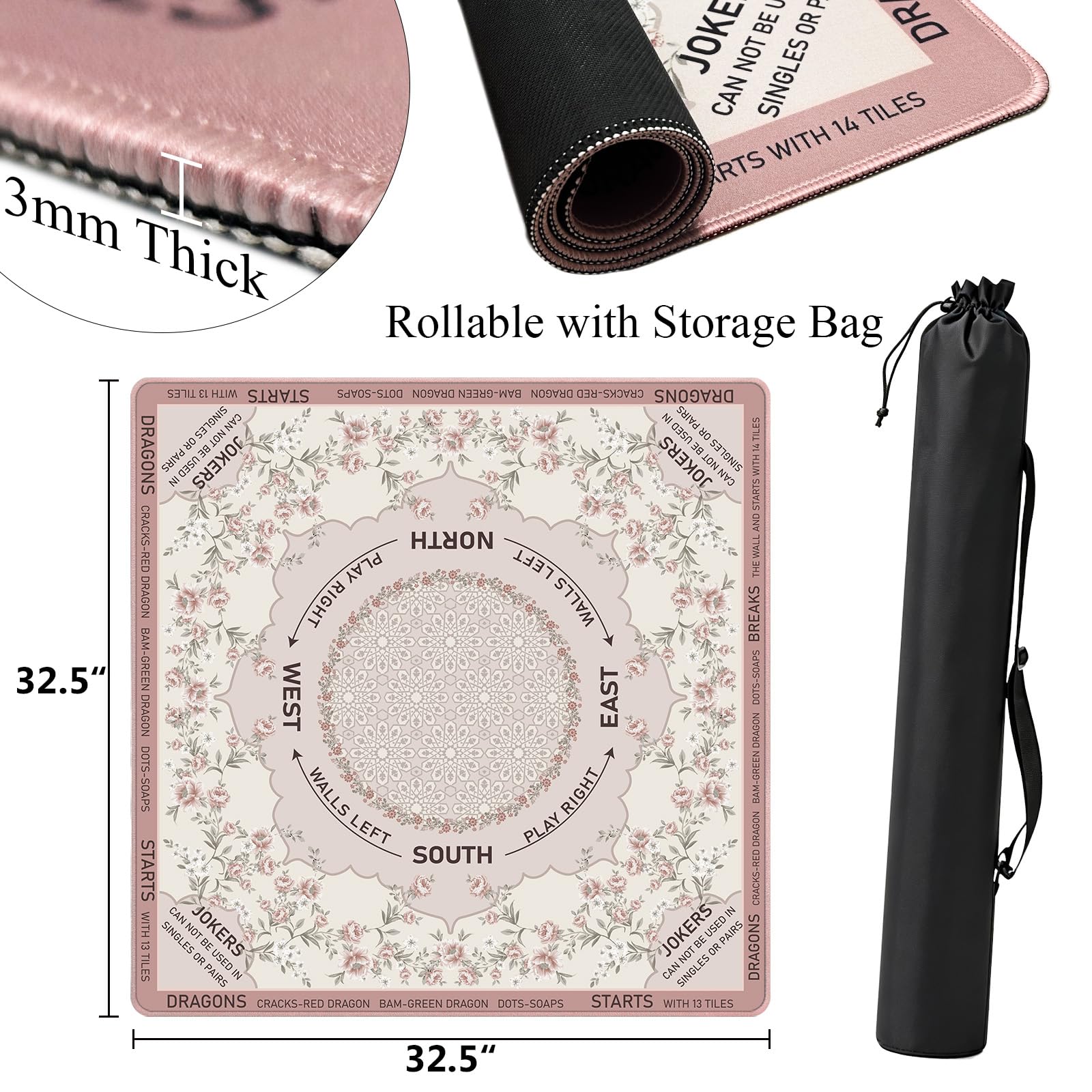 Tapis de Mahjong avec règles 82,5 x 82,1 cm, tapis de jeu antidérapant avec réduction du bruit avec sac de transport, surface douce pour cartes de poker Mahjong, jeux de société, jeux de