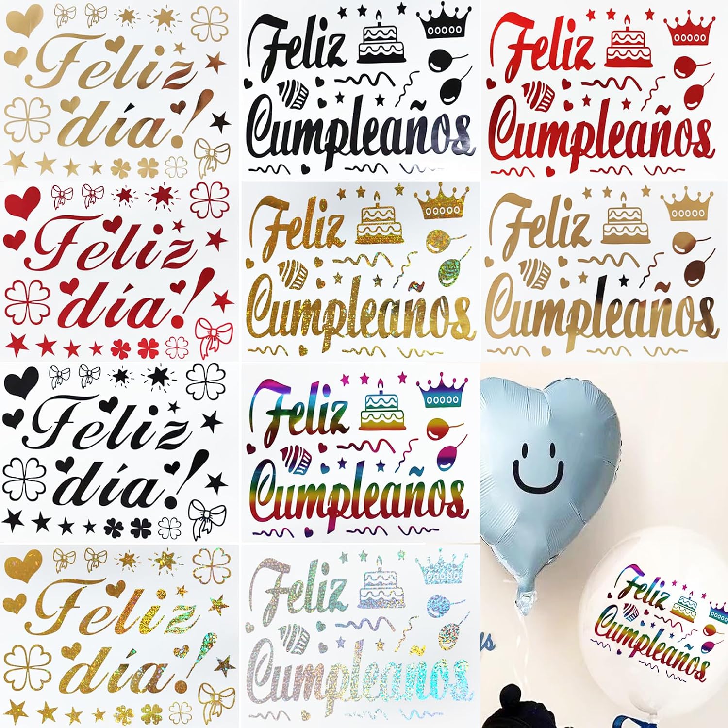 Happy Birthday Stickers for Bobo Balloons, Feliz Cumpleanos Balloon Sticker Feliz Dia Decals 10 PCS DIY Spanish Letter Birthday Celebration Decor Party Supplies