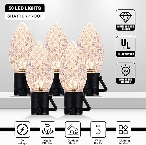 Miniatura 2 de Pellimo C9 - Juego de 50 luces LED blancas de Navidad de 33 pies para interiores y exteriores, luces de Navidad para jardín, patio, fiesta,