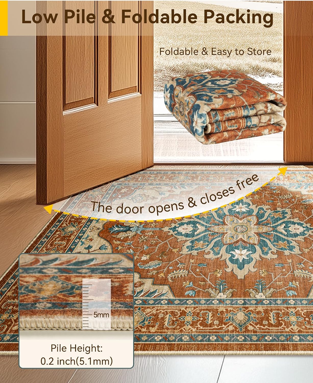 RELEANY Area Rugs Small 2'x3' Washable Non-Slip, Floral Vintage Distress Medallion Carpet for Kitchen Entryway Bathroom, Red Orange Blue Brown thumbnail