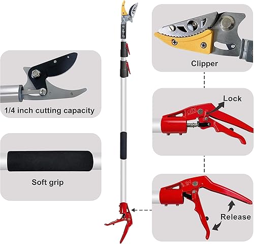 Miniatura 3 de Podadora telescópica de árbol de 4.5 a 10 pies con 3 secciones de longitud ajustable, podadora de corte y sujeción, sierra de poste extensible,