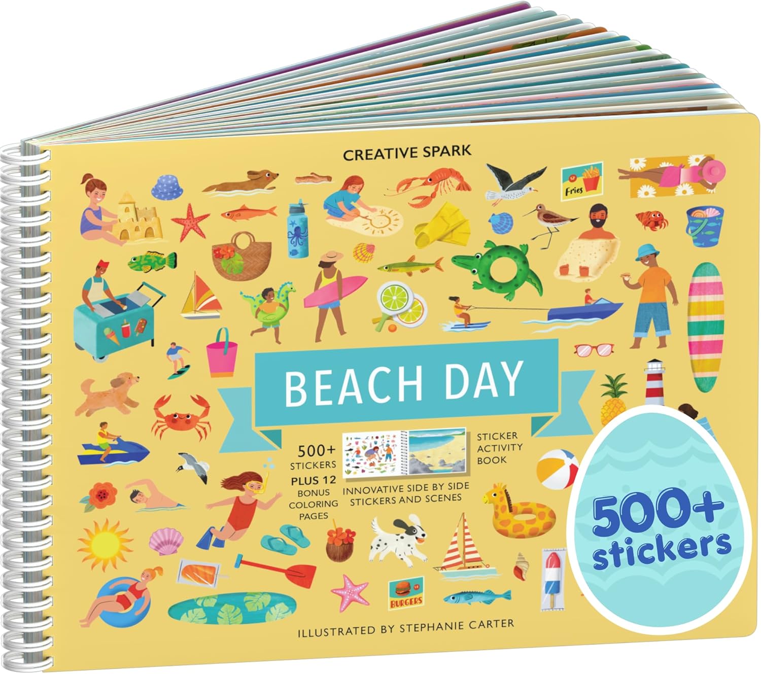 Beach Day 500+ Kids Sticker Book by Cupkin Fun Toddler Travel Activity Coloring and Sticker Book, 12 Coloring Pages 12 Side by Side Scenes for Children's of 2-8 Years, Easter Gifts for Kids