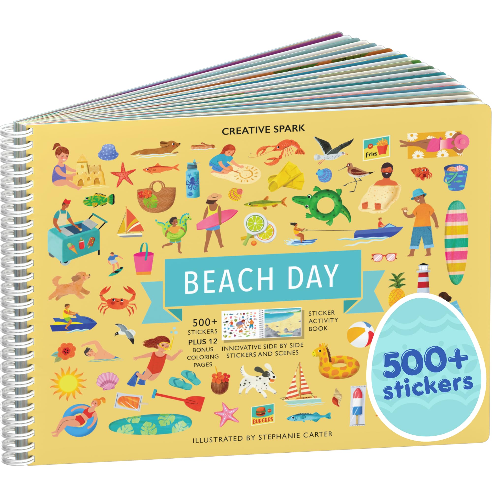 Beach Day 500+ Kids Sticker Book by Cupkin Fun Toddler Travel Activity Coloring and Sticker Book, 12 Coloring Pages 12 Side by Side Scenes for Children's of 2-8 Years, Valentines Gifts for Kids