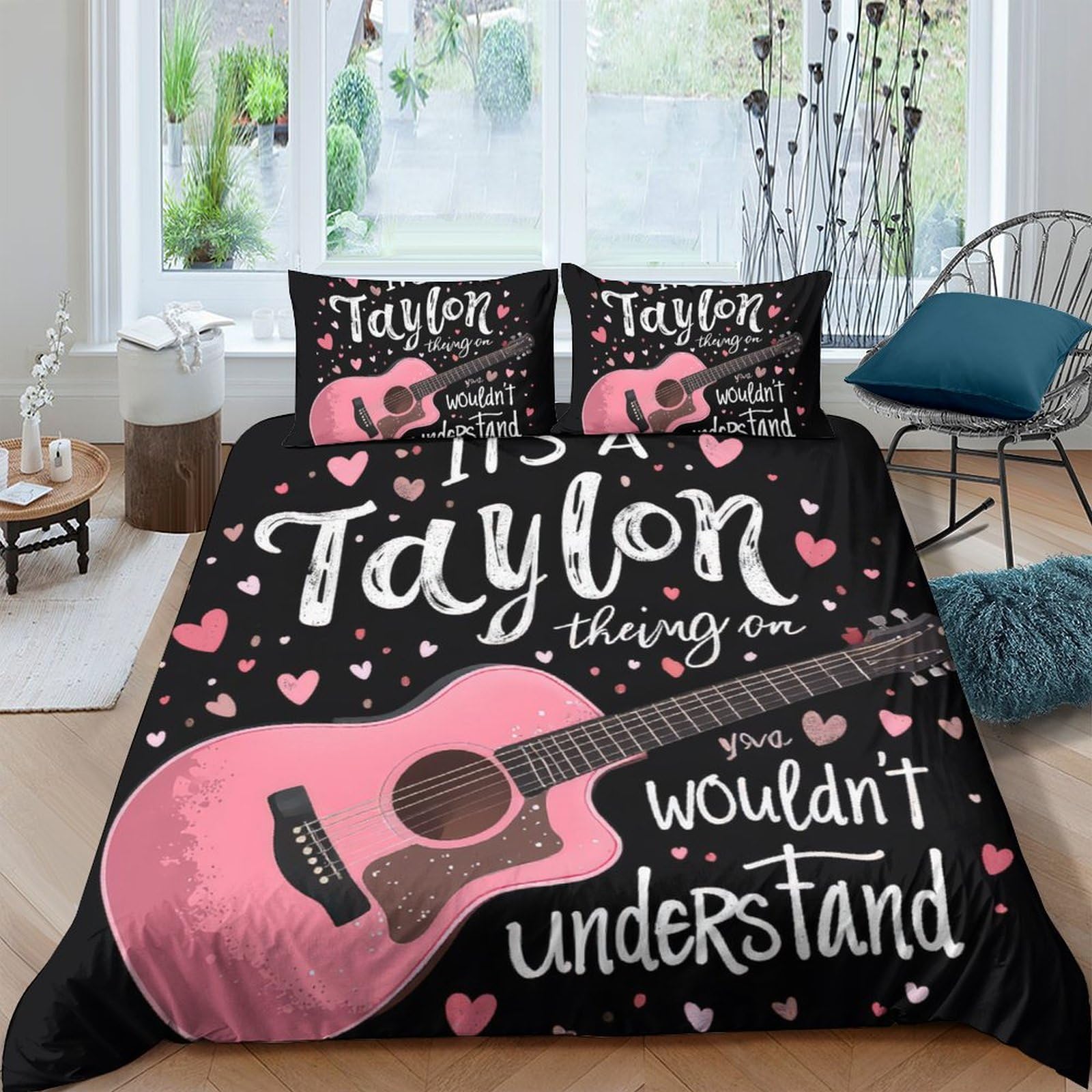 Ctjqhvkz Style-10 3D Printed Pink Guitar Fitted Sheet Microfiber Black Heart Music Theme Mattress Cover For Bedroom Dorm Mattress Protection Decor Single（135X200cm）