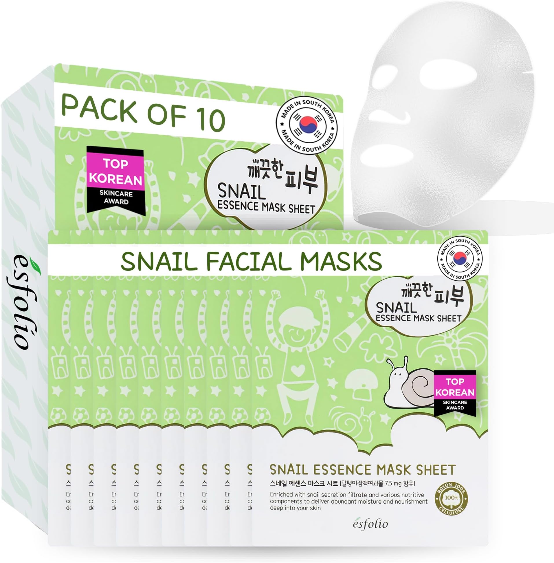 Esfolio Pure Skin Essence Mask Sheet Anti-Aging Rejuvenation Hydration Snail (Pack of 10) …