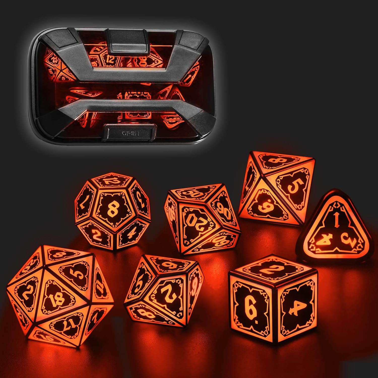 FONVGOGO Light up DND Dice Set Rechargeable,Cool LED D and D Dice 7pcs with Charging Box Polyhedral Dungeons and Dragons RPG Dice Set for Role Playing Table Game (Astral Shard Orange)