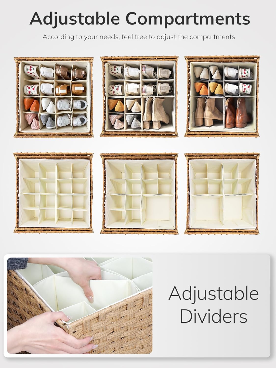 BROWNLILY Rolling Shoe Organizer with Double-Door Lid, Faux Rattan Woven Entryway Storage Basket with Metal Frame & Silicone Pads, Removable Liner & 16-Grid Adjustable Dividers, Natural