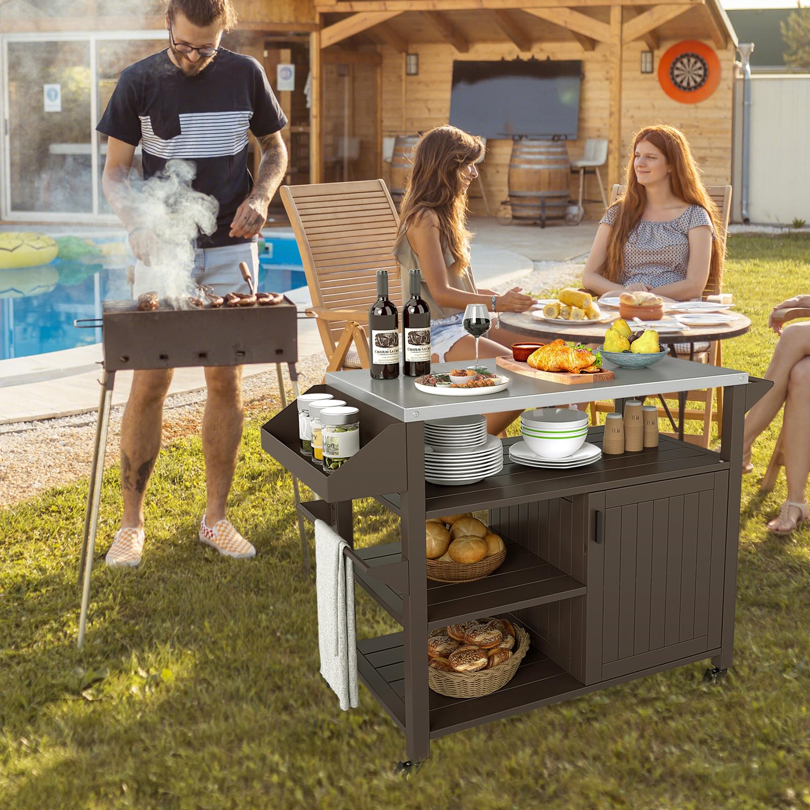 COSTWAY Carrito de Barbacoa con Estante Abierto y Armario, Cocina Exterior con 4 Ruedas 360°con Freno, Encimera de Acero Inoxidable, Mueble para BBQ para Picnic, Fiesta, 116 x 50 x 87 cm