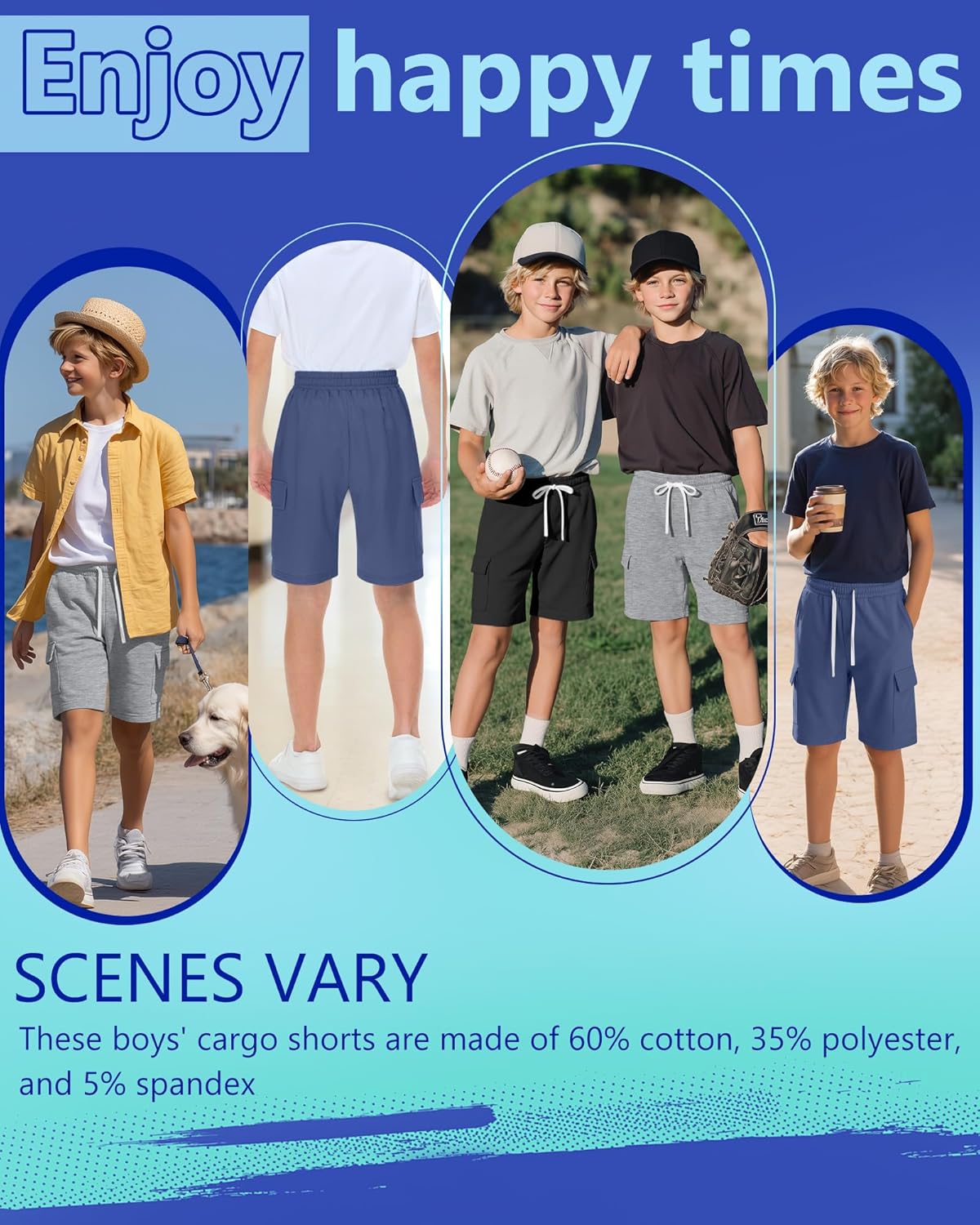 Halfchet 3 Pack Boys' Cargo Shorts Kids Pull on Athletic Drawstring Summer School Sweat Shorts with Pockets 6-14 Years