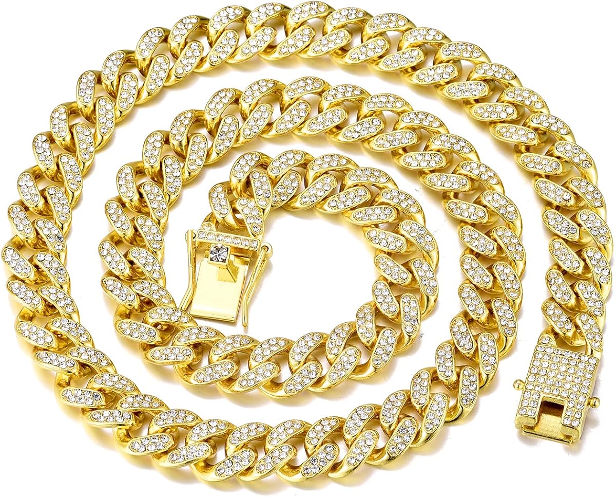 FEEL STYLE Cadena de eslabones cubanos para hombres, joyería de collar cubano helado de Miami | Collar de cadena de eslabones cubanos de 13 mm para hombres, collar de diamantes con cadena curva de Miami, joyería brillante de hip hop. Caja de regalo incluida.