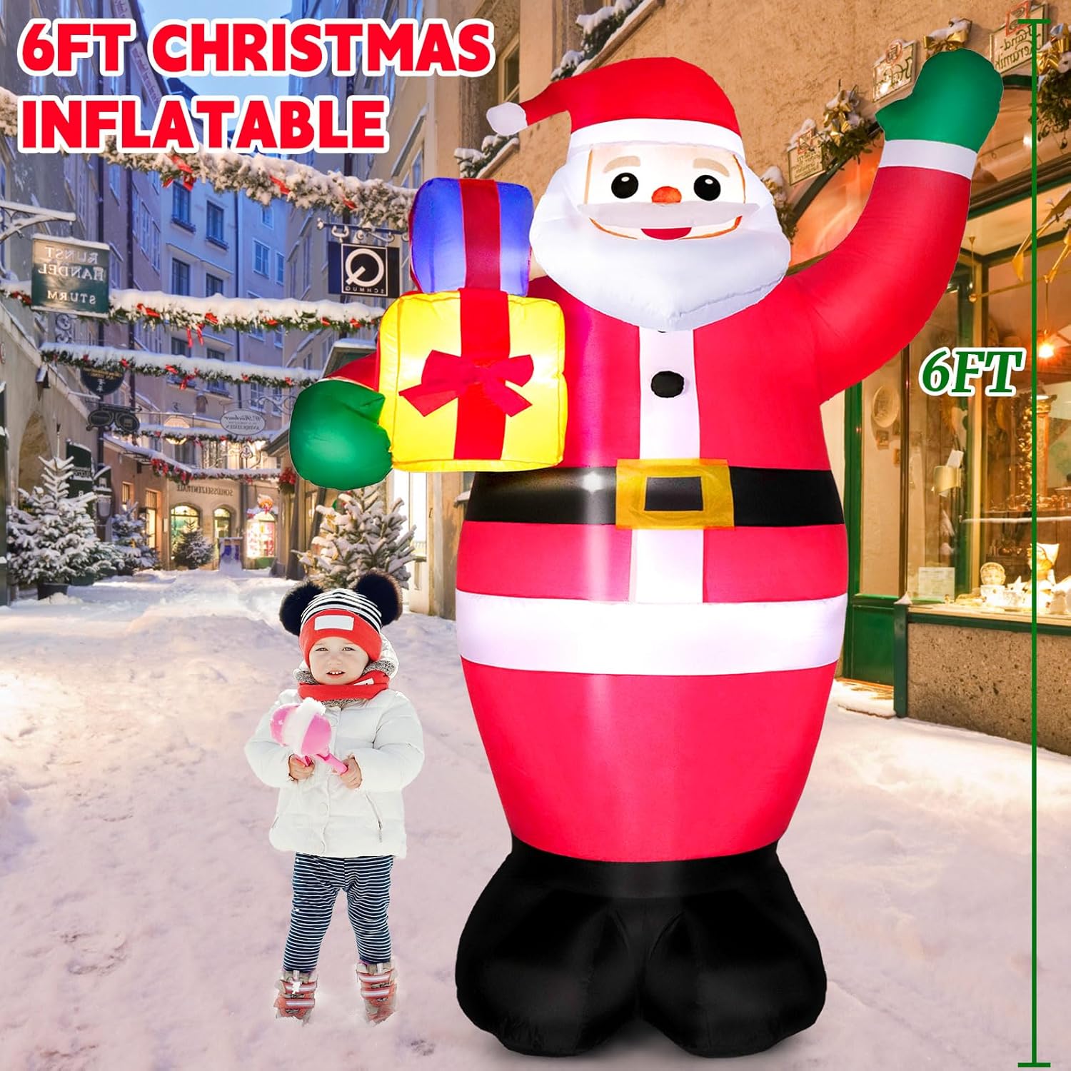 6 FT Christmas Inflatable Santa Claus with Built-in LEDs, Outdoor Decorations, Blow Up Santa Claus with Gifts Bag, Giant Santa, Xmas Outside Decor for Holiday, Garden, Lawn