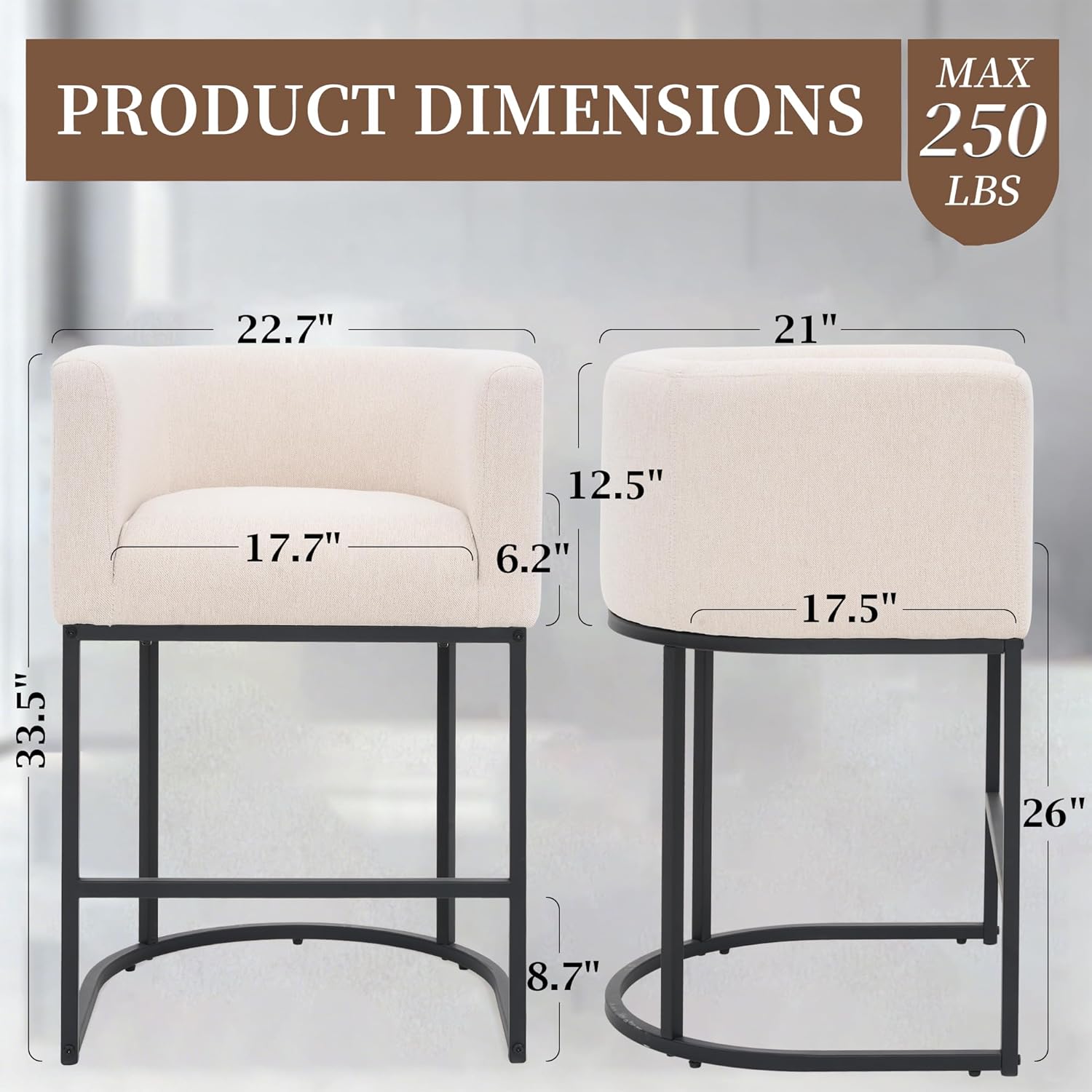 26" Counter Height Bar Stools Set of 1, Linen Fabric Upholstered Kitchen Counter Bar Stools, Modern Barrel Accent Barstools for Island with Backrest and Arms, Black Metal Frames, Beige