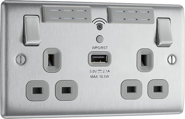 BG Electrical Nexus Metal Brushed Steel Double Switched 13A Power Socket with WiFi Extender + USB Charging - 1X USB Socket (2.1A) Grey NBS22UWRG-01