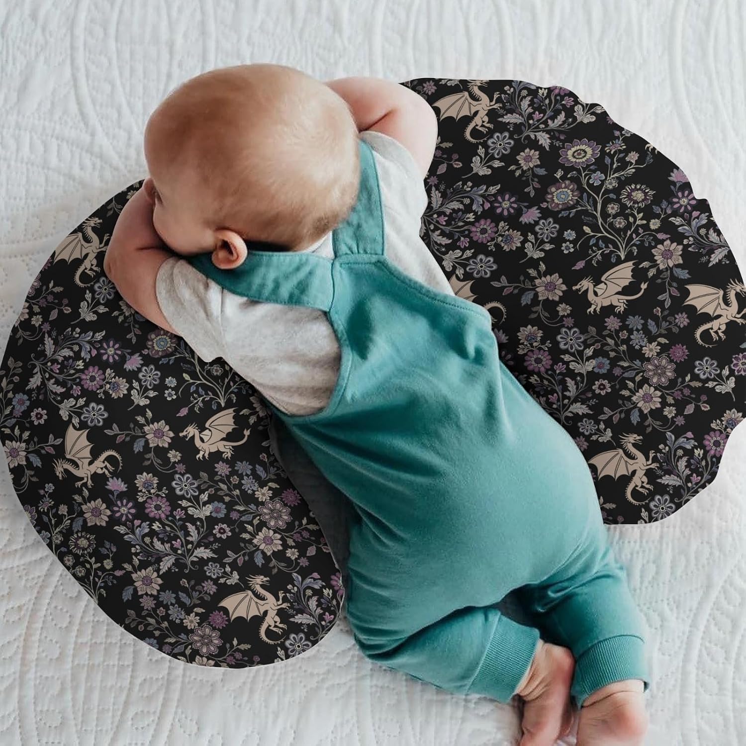 Fantasy Floral Dragons Baby Nursing Pillow Covers for Boy Girl Fairytale Dragon Gothic Black Purple Flowers Nursing Slipcovers for Breastfeeding Pillows Animal Soft Stretchy Cover for Newborn Infant