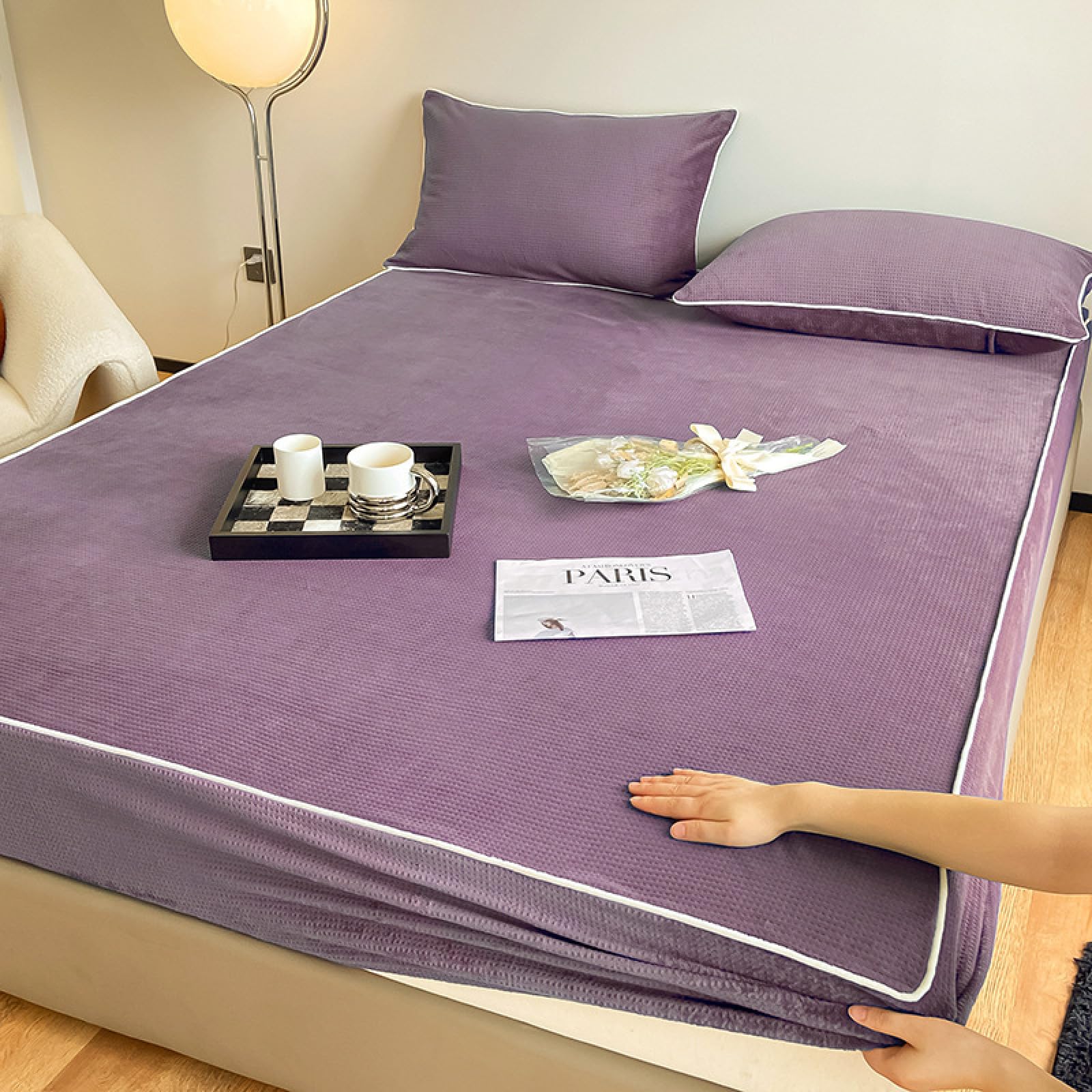 FCLDESHOP Confortable et Respirant Housse Matelas,Draps de literie Confortables en Velours Cristal,taie d'oreiller de Protection de Matelas à Poche Profonde et Chaude, Violet, 150 * 200 cm (3 pièces)