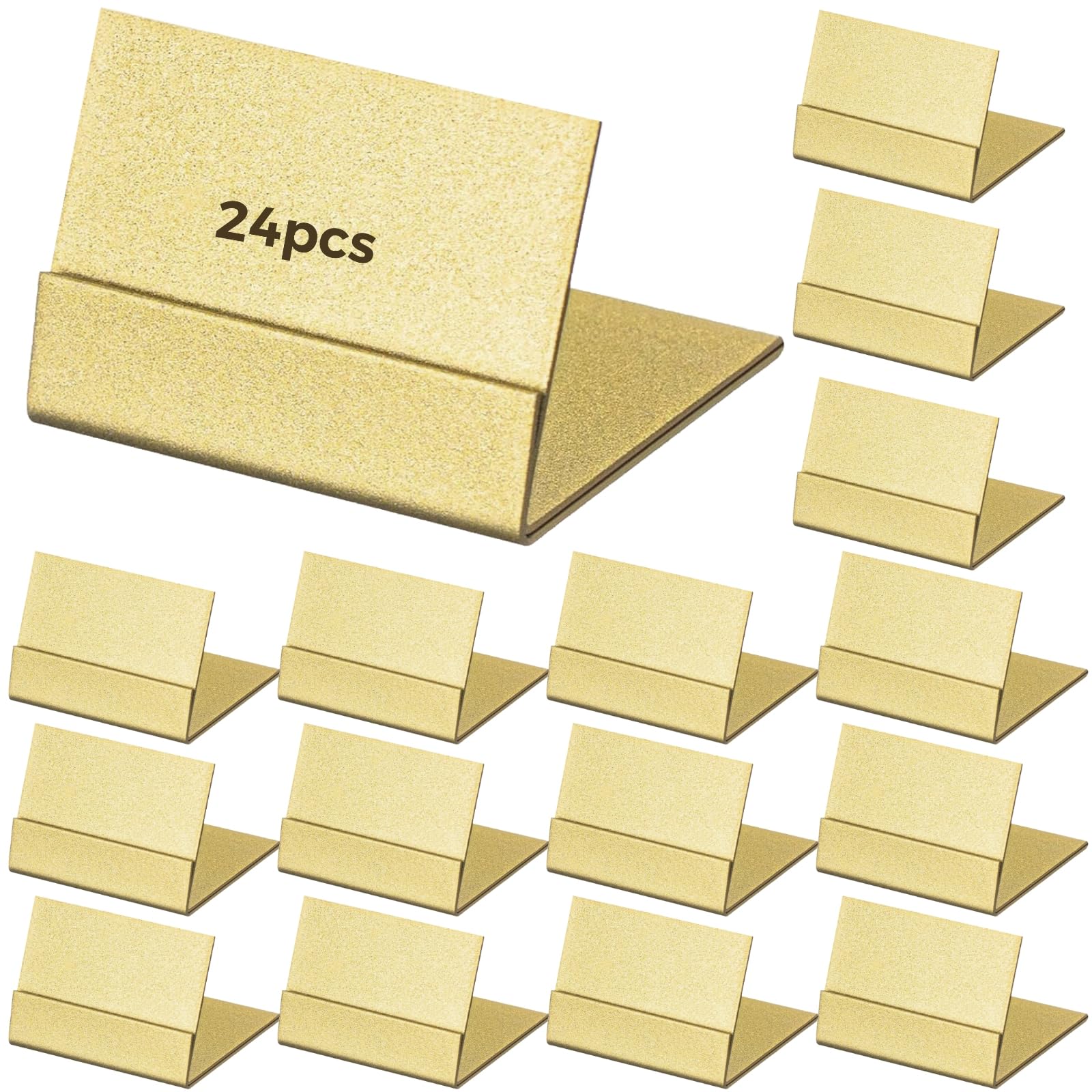 Set mit 24 goldfarbenen L-förmigen Namenskartenhaltern, faltbarer Metallständer zum Präsentieren von Karten, Etiketten, Bildern bei Veranstaltungen, Partys, Abendessen und Messen