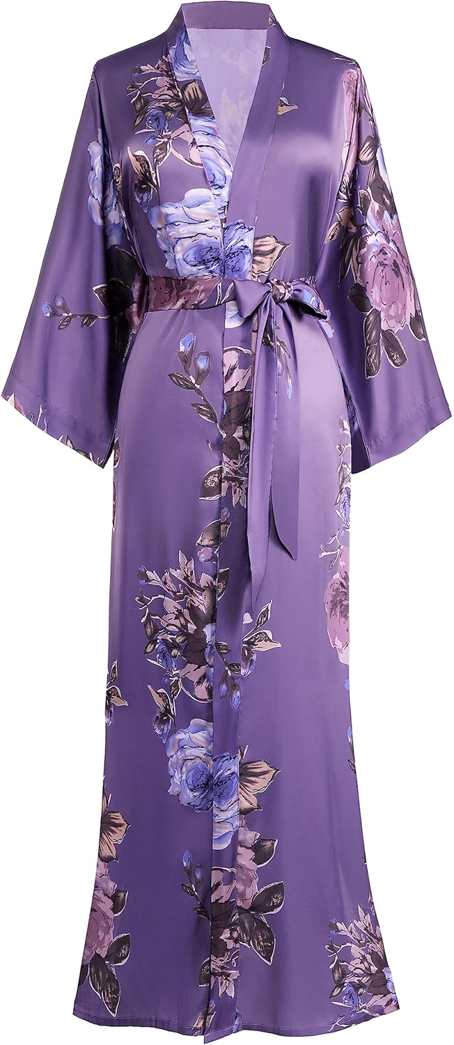 BABEYOND Women's Kimono Robe Long Satin Silky Floral Lightweight Bridesmaid Wedding Bachelorette Party Robe
