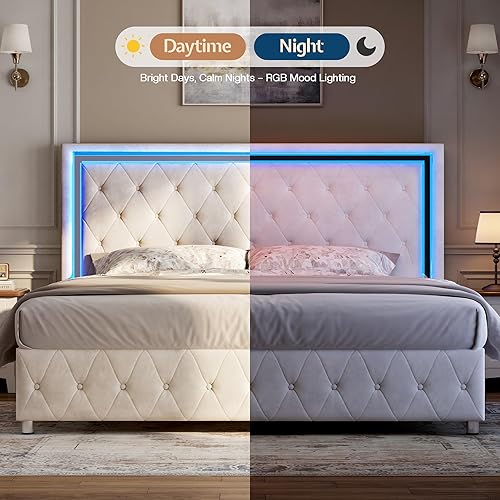 Miniatura 5 de Jocisland Base de cama Queen con cabecero y estribo de luces LED, tapizado de terciopelo, marco de cama tamaño Queen, no necesita somier, color crema