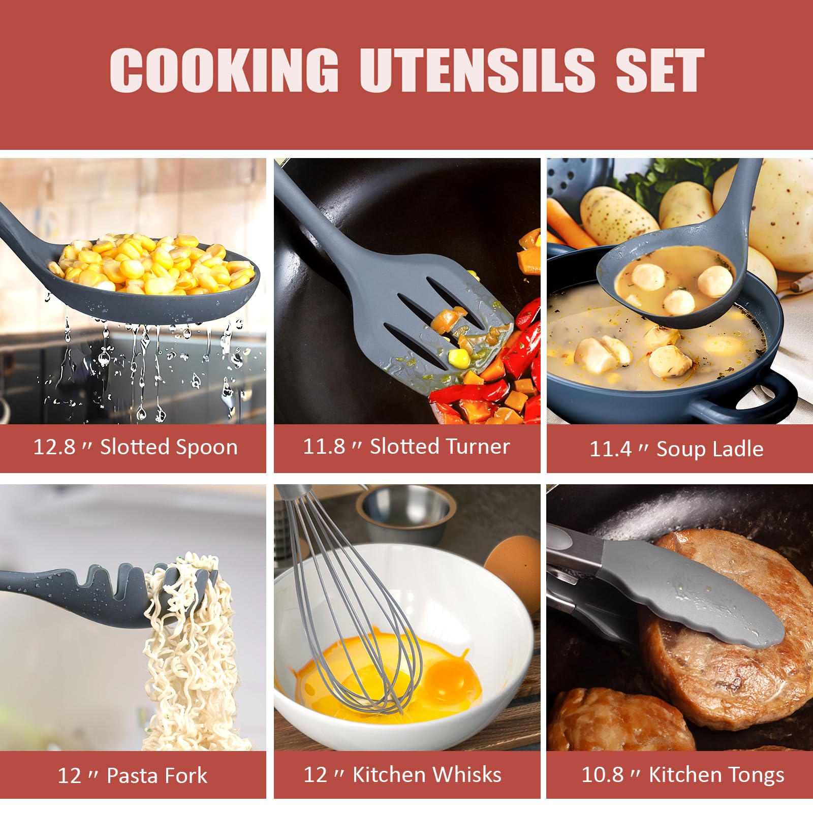 RAXCO Set di coltelli da cucina con blocco, 18 pezzi di utensili da cucina con 5 coltelli e 7 spatole in silicone (Grigio)