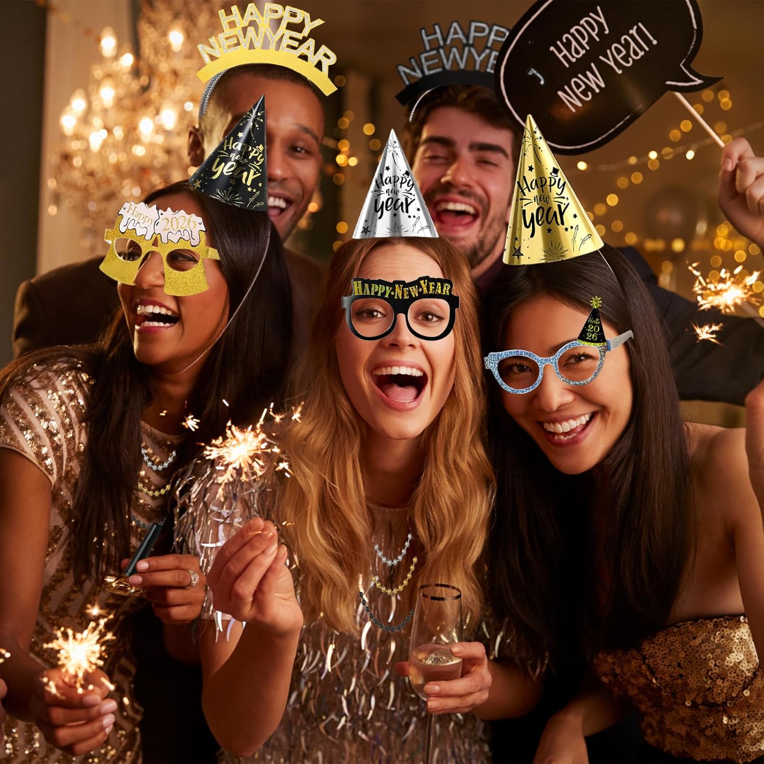 New Years Eve Party Supplies 2026 for 12 Guests,72pcs Happy New Year Party Accessories Kit Including Hats,headband,Glasses,Noise Makers,Necklaces,Leis, Black Gold Silver NYE Decoration Party Favors - Image 7