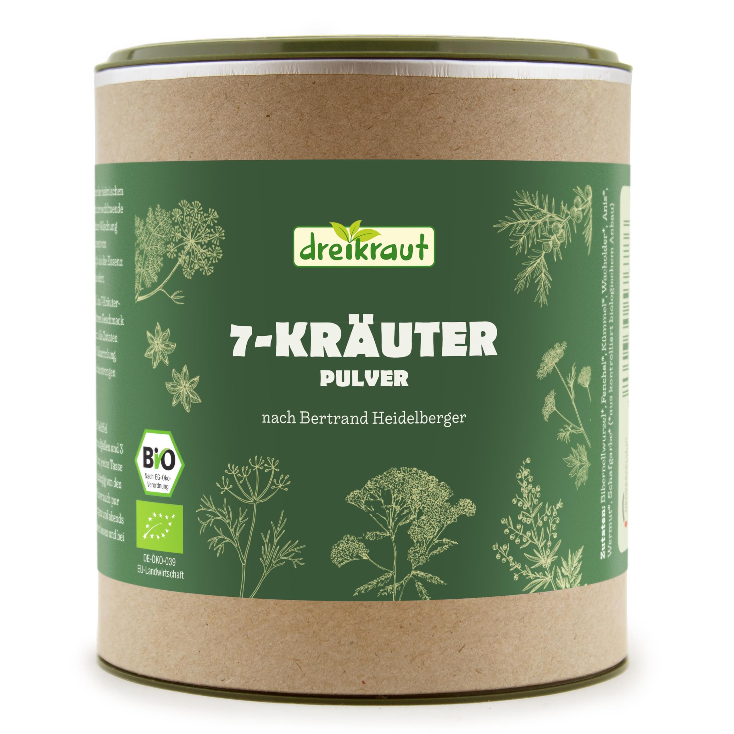 Bio-7-Kräuter-Pulver nach Bertrand Heidelberger, dreikraut, 7-Kräuterstern, extra fein vermahlen (100, Gramm)