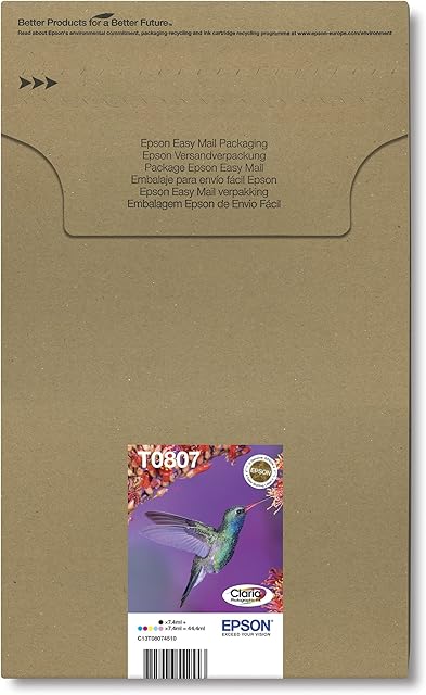 Epson T0807 Hummingbird Genuine Multipack, Eco-Friendly Packaging, 6-colours Claria Photo HD Ink Cartridges