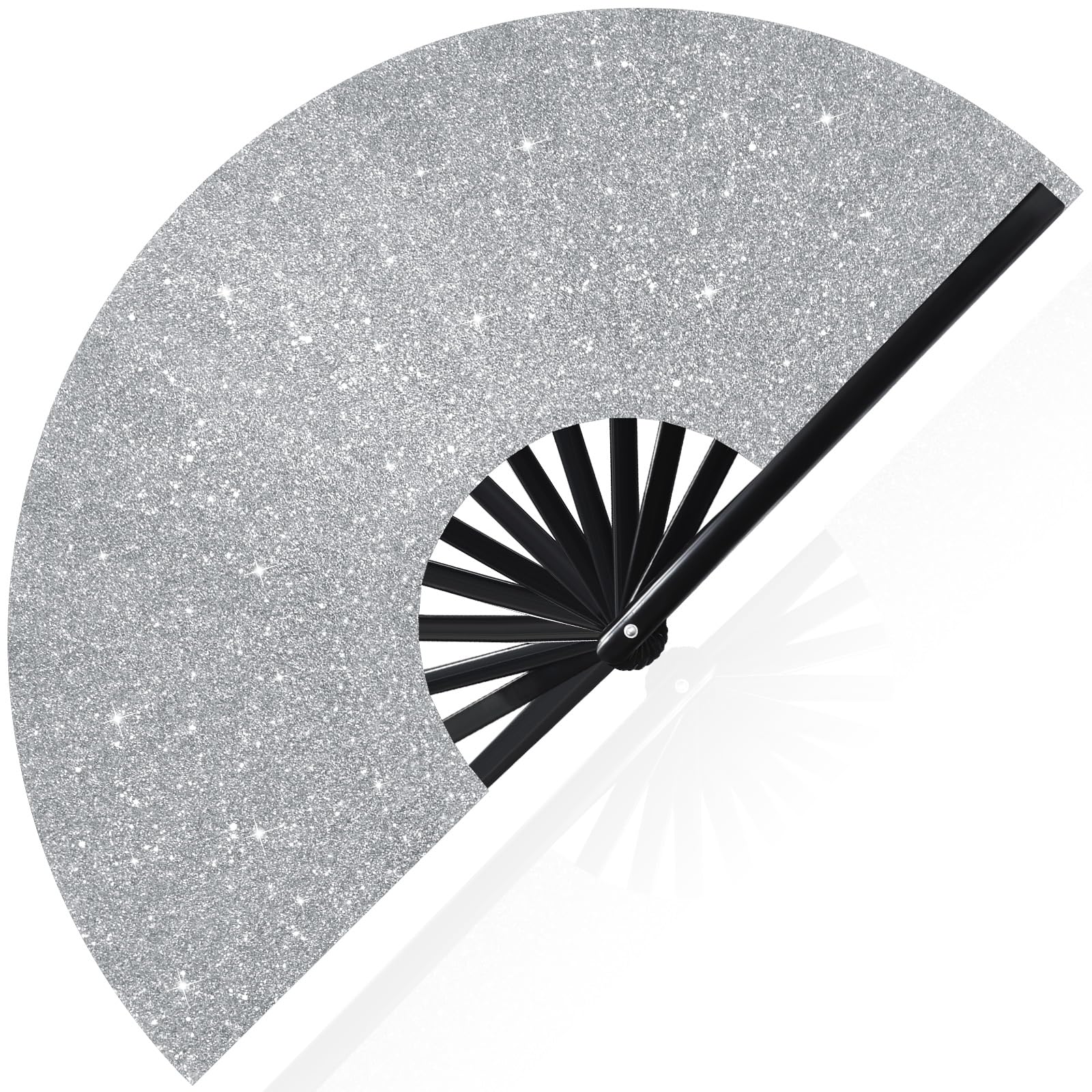 Vercraft 13'' Large Rave Fan for Women Rave Accessories Festival Outfits Glitter Hand Folding Clack Fan for Line Dancing EDM Music Festival Outfits(Silver)