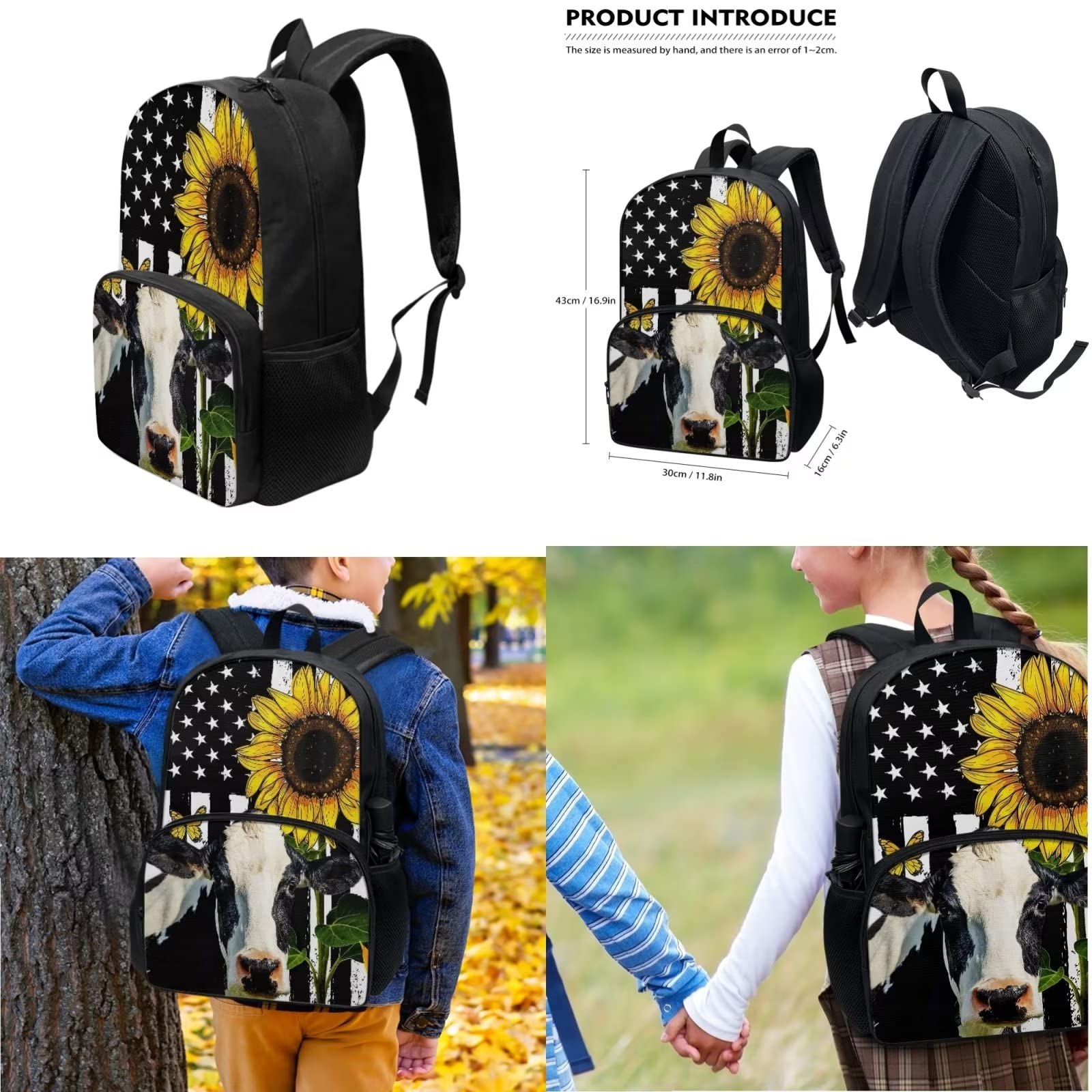 POLERO Mochila escolar de caballos para niños, juego de bolsas de almuerzo, estuche para lápices, 3 piezas, bolsas escolares, Bandera de Estados Unidos girasol vaca, Talla única, Mochila infantil