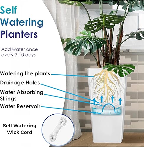 Miniatura 2 de Paquete de 2 macetas altas + cestas (riego automático) (20 pulgadas de alto), macetas altas para exteriores e interiores, macetas altas para porche