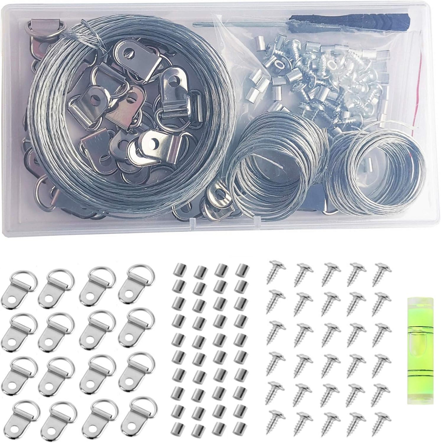 105 Pcs Picture Hanging Tool Kit, with Picture Wire, D Ring, Crimping