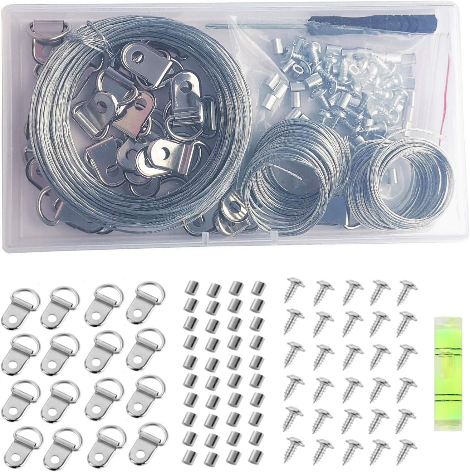 NASHRIO 105 Pcs Picture Hanging Tool Kit, with Picture Wire, D Ring, Crimping Loop Sleeve, Screws, Screwdriver and Bubble Level, Used for Hanging Photo Frame, Hanging Pictures, Paintings Frame etc.